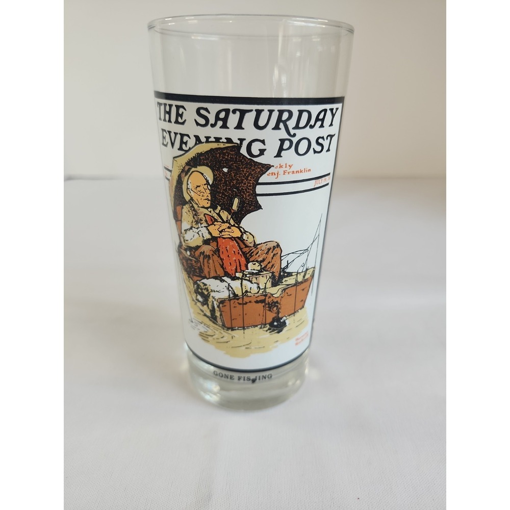 Vintage 1987 Arby's "Gone Fishing" promotional glass Norman Rockwell artwork